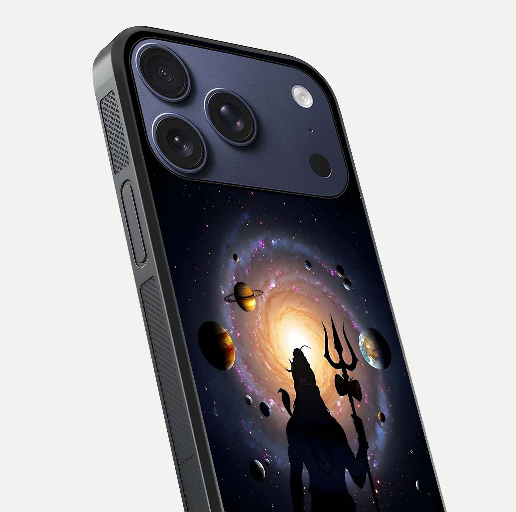 Galactic Shiva Vision Glass Case for iPhone 17 Pro close-up angled shot highlighting divine aura, trident details, and reflection shine