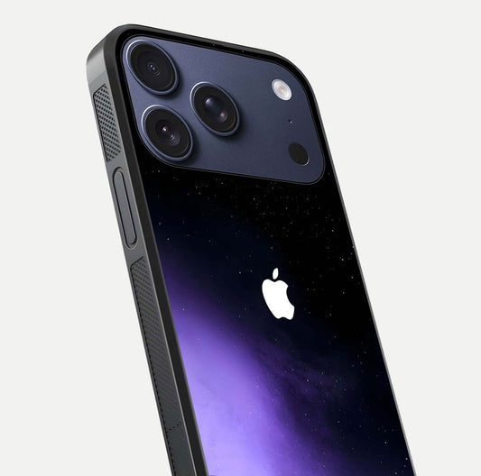 Galaxy Apple Aura Glass Case for iPhone 17 Pro close-up angled shot showing aura lighting and reflection polish