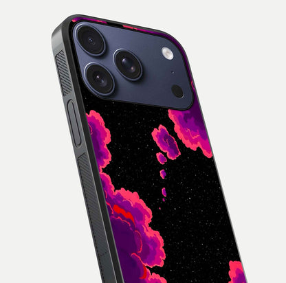 Galaxy Dream Frame Glass Case for iPhone 17 Pro close-up angled shot showing nebula patterns and reflection glow