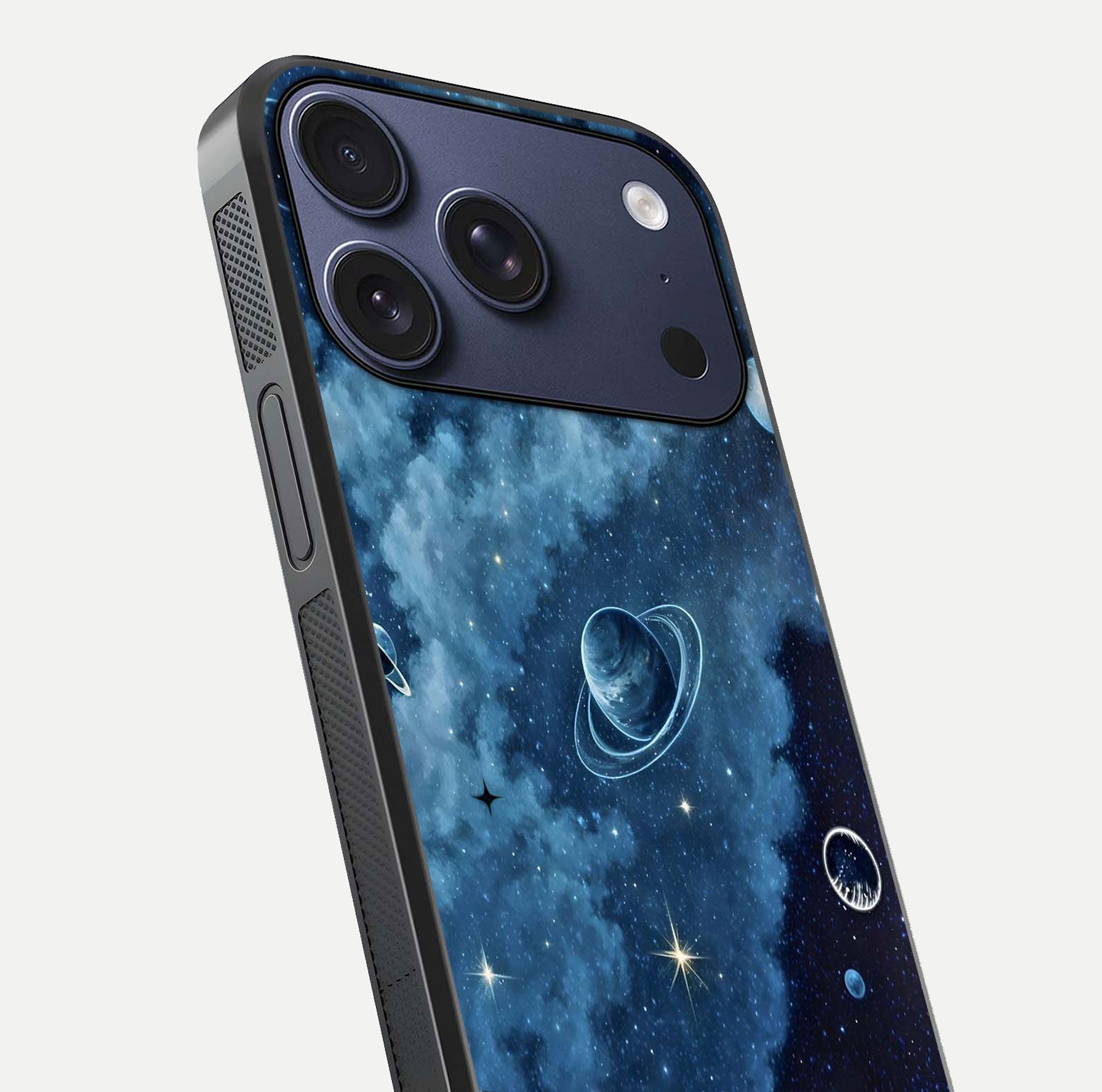 Galaxy Dream Space Glass Case for iPhone 17 Pro close-up angled shot highlighting nebula details and reflection shine
