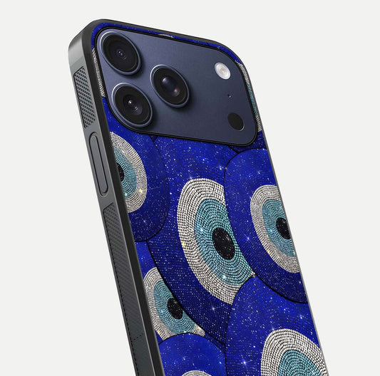 Galaxy Eye Flow Glass Case for iPhone 17 Pro close-up angled shot showing vivid swirl detail and reflection brightness