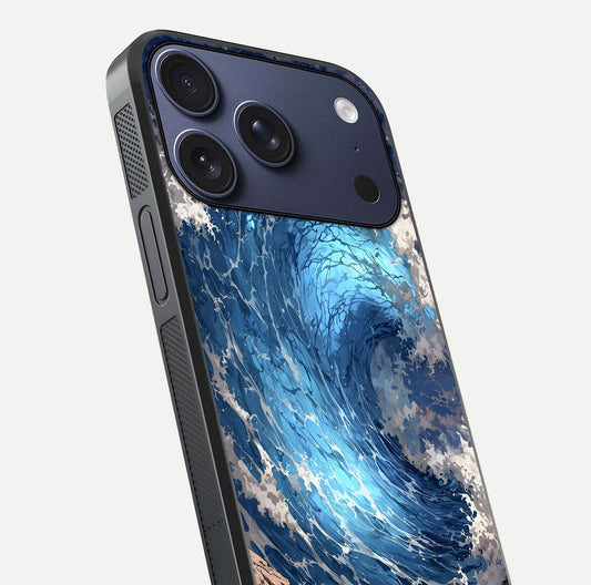 Giant Ocean Wave Glass Case for iPhone 17 Pro close-up angled shot showing wave texture and water reflection shine