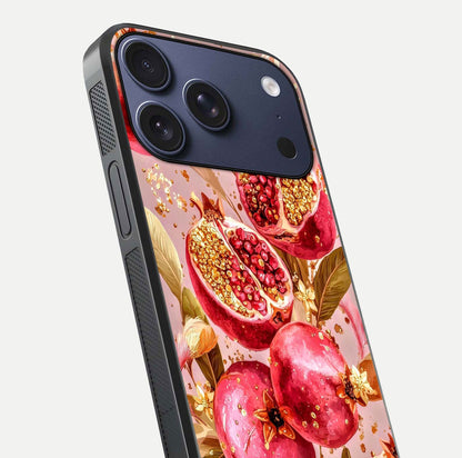 Golden Bloom Glow Glass Case for iPhone 17 Pro close-up angled shot showing metallic tones and reflection brilliance