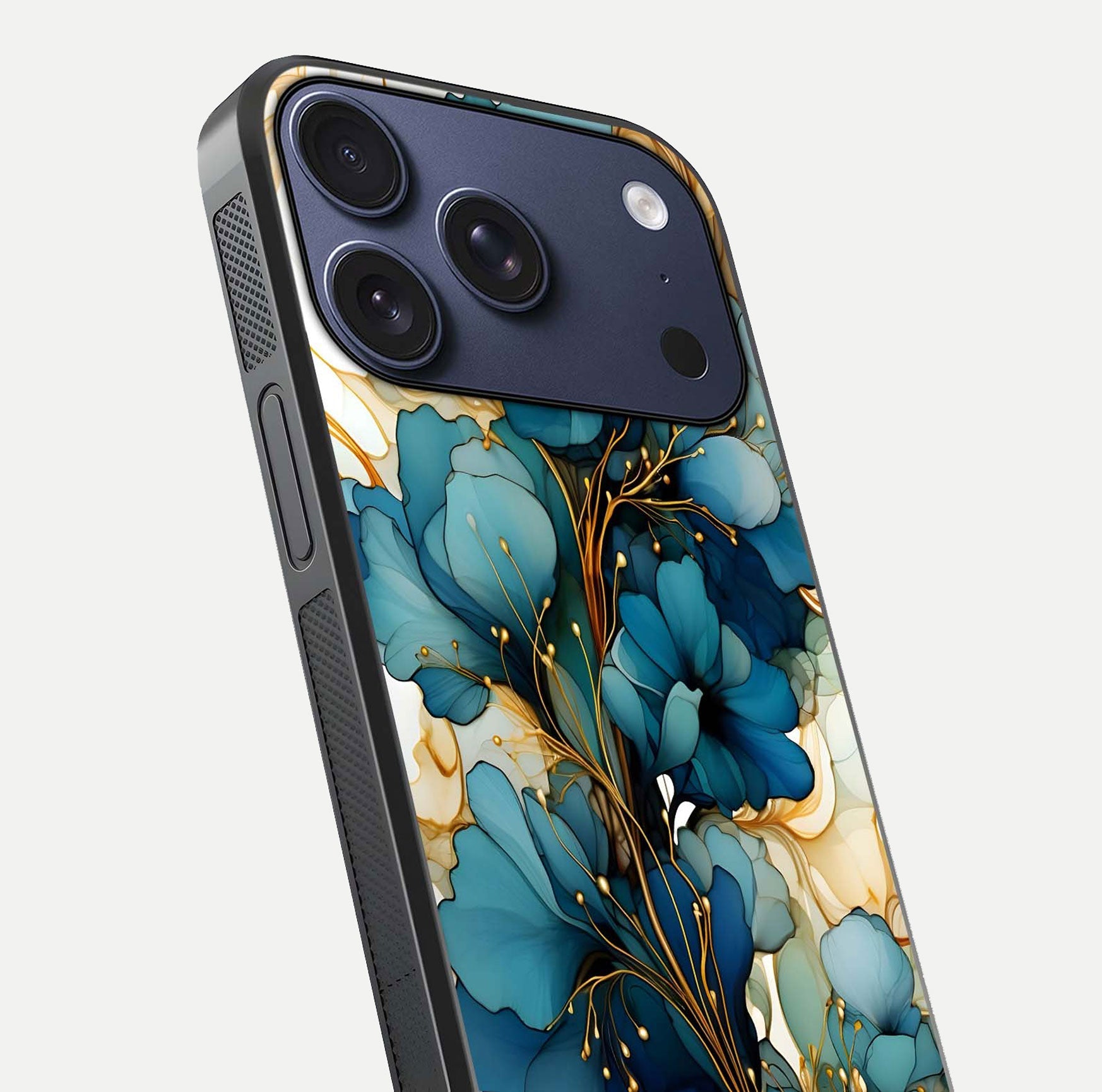 Golden Bloom Symphony Glass Case for iPhone 17 Pro close-up angled shot showing detailed petals and metallic gold reflection