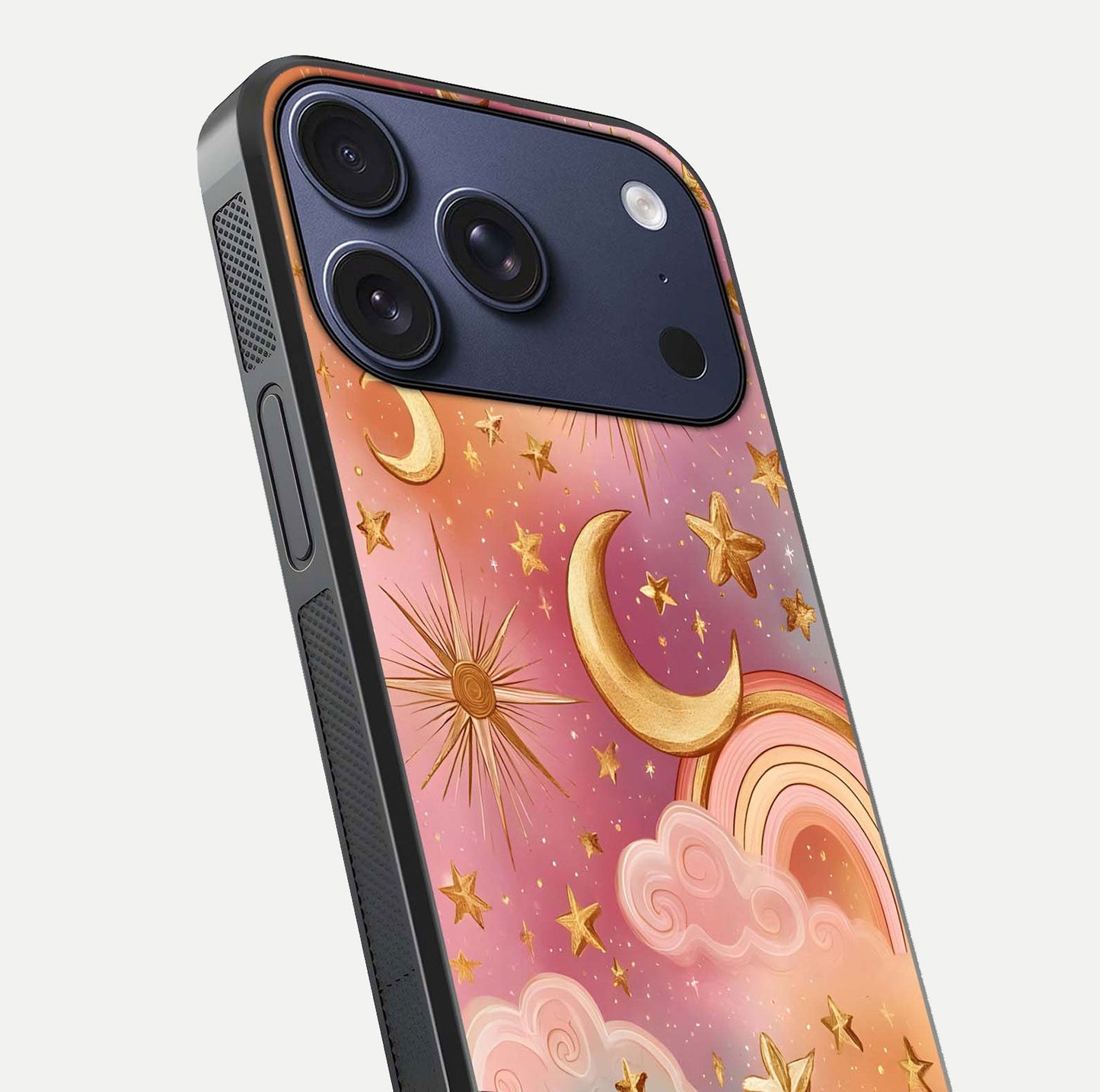 Golden Celestial Dreams Glass Case for iPhone 17 Pro close-up angled shot showing cosmic gold tones and reflection shine