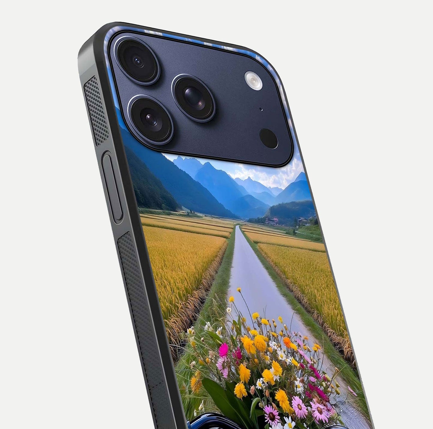 Golden Field Journey Glass Case for iPhone 17 Pro close-up angled shot showing sunlight tones and reflection clarity