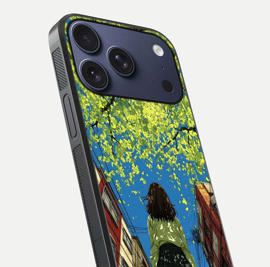 Golden Leaves Glow Glass Case for iPhone 17 Pro close-up angled shot showing fine leaf texture and reflection shine