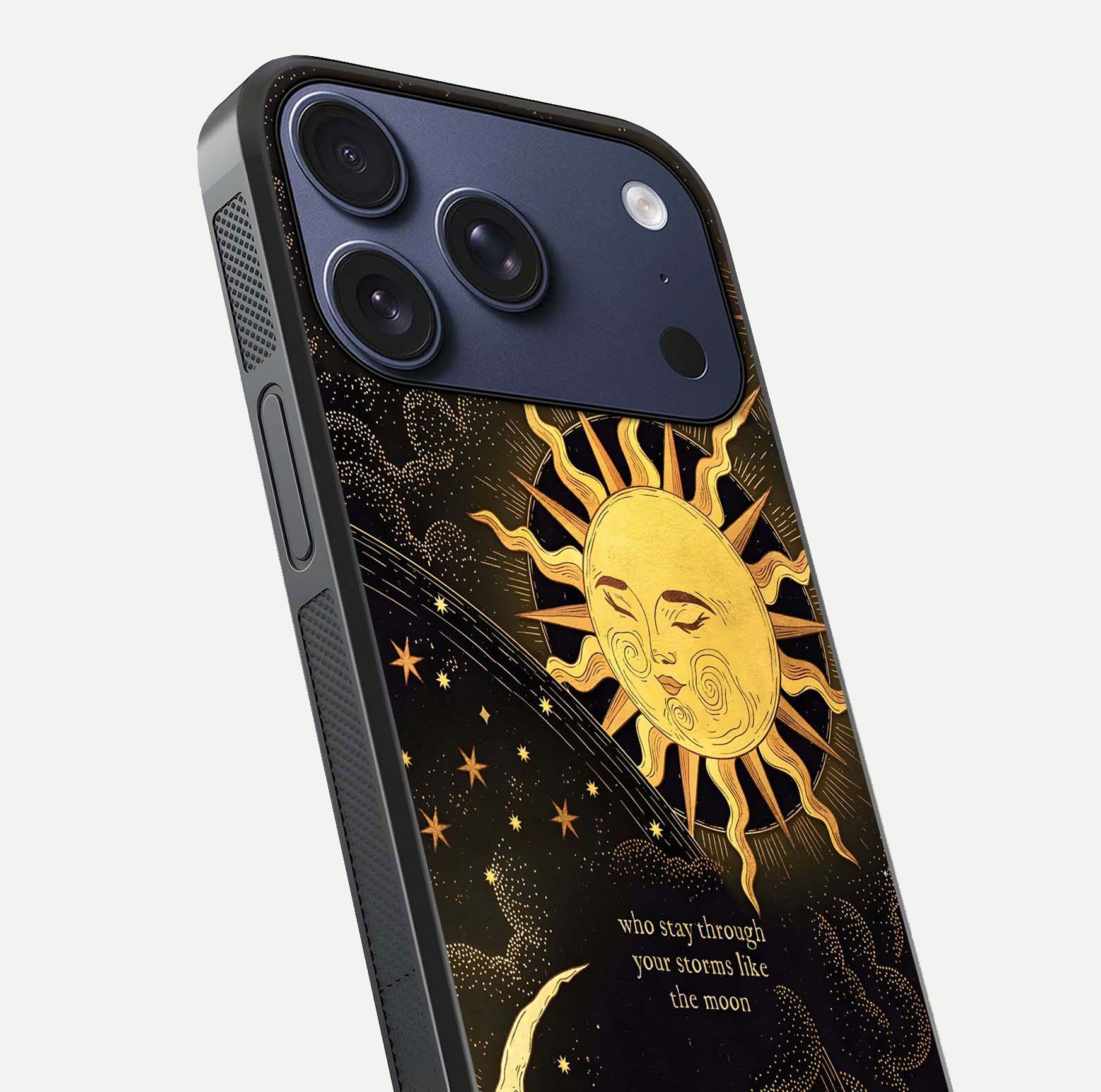 Golden Lunar Love Glass Case for iPhone 17 Pro close-up angled shot showing moon glow, texture, and reflection polish