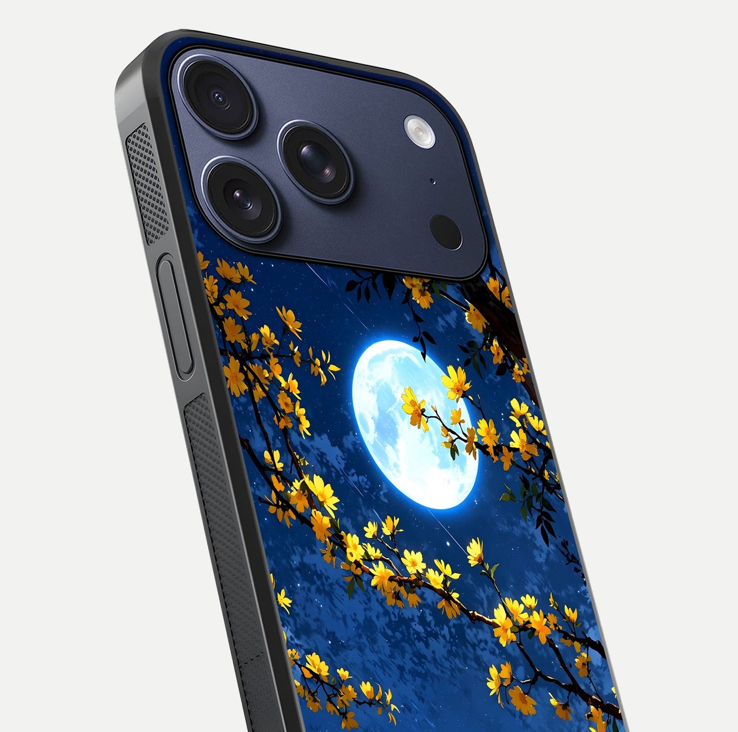 Golden Night Glow Glass Case for iPhone 17 Pro close-up angled shot showing shimmer texture and light reflection