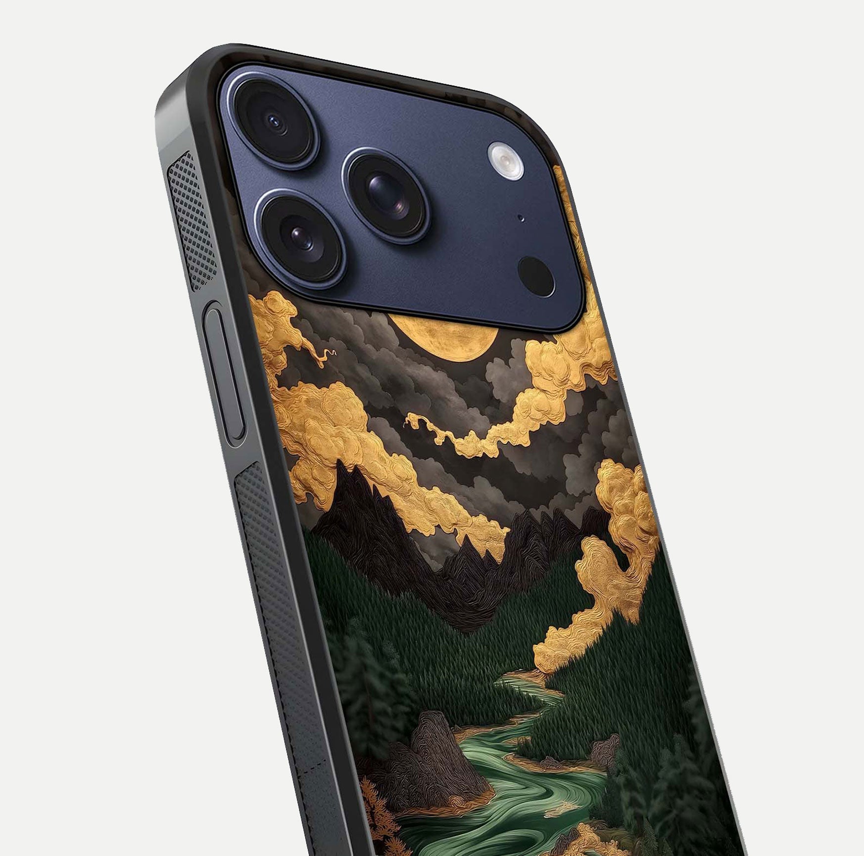 Golden River Moon Glass Case for iPhone 17 Pro close-up angled shot showing moon reflection and water shine