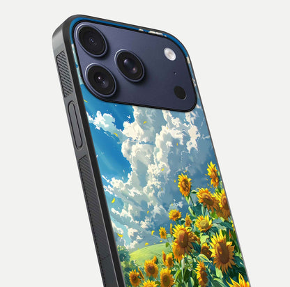 Golden Sun Glory Glass Case for iPhone 17 Pro close-up angled shot showing sunlight reflection and gold detailing