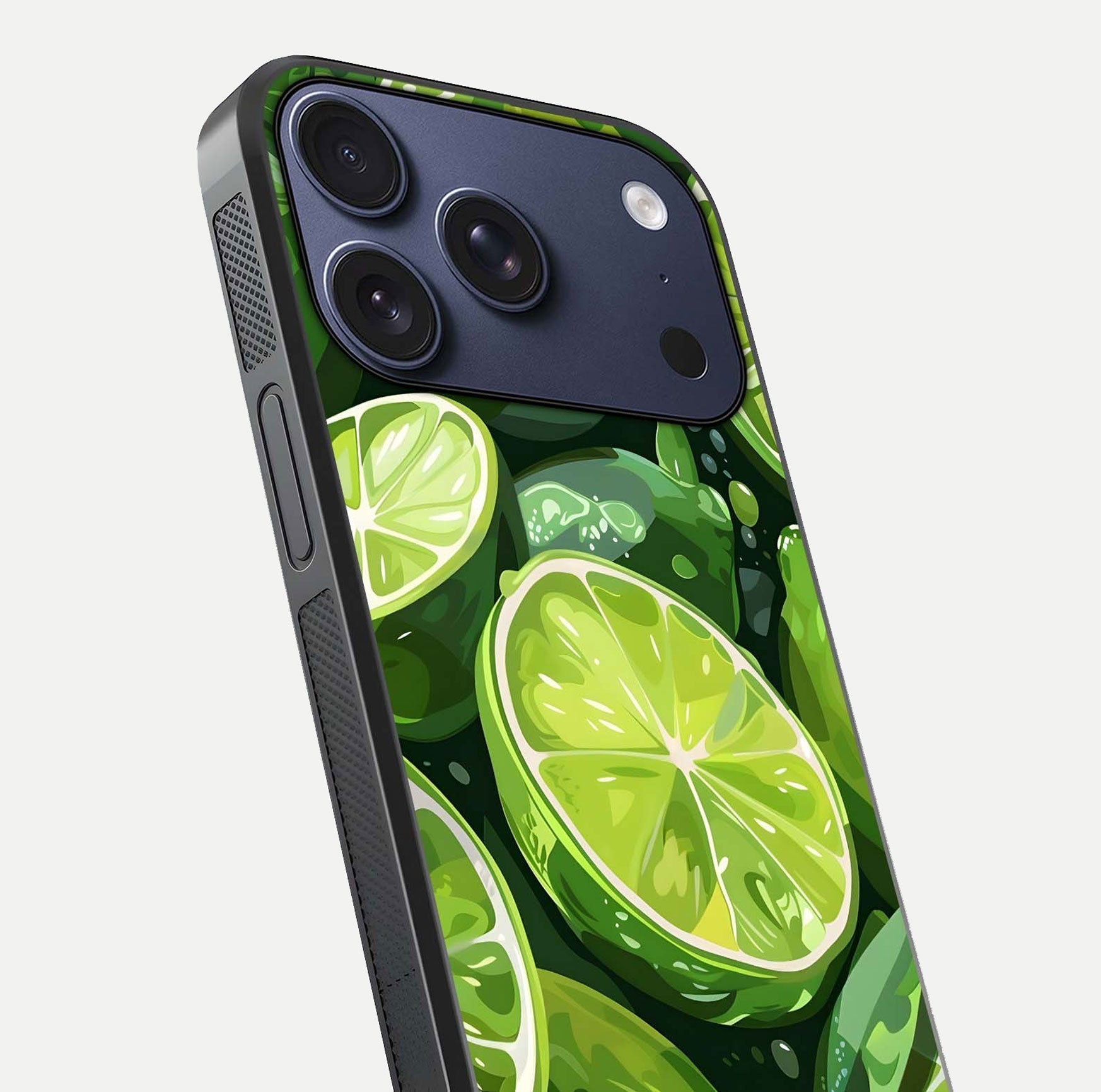Green Lemon Glass Case for iPhone 17 Pro close-up angled shot showing lemon slice texture and reflection brightness