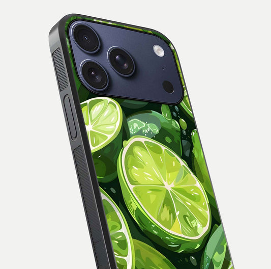 Green Lemon Glass Case for iPhone 17 Pro close-up angled shot showing lemon slice texture and reflection brightness