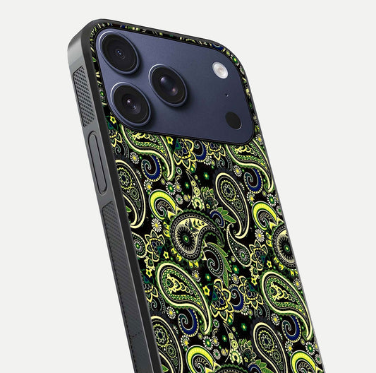 Green Mandala Pattern Glass Case for iPhone 17 Pro close-up angled shot showing fine detailing and gold-green reflection