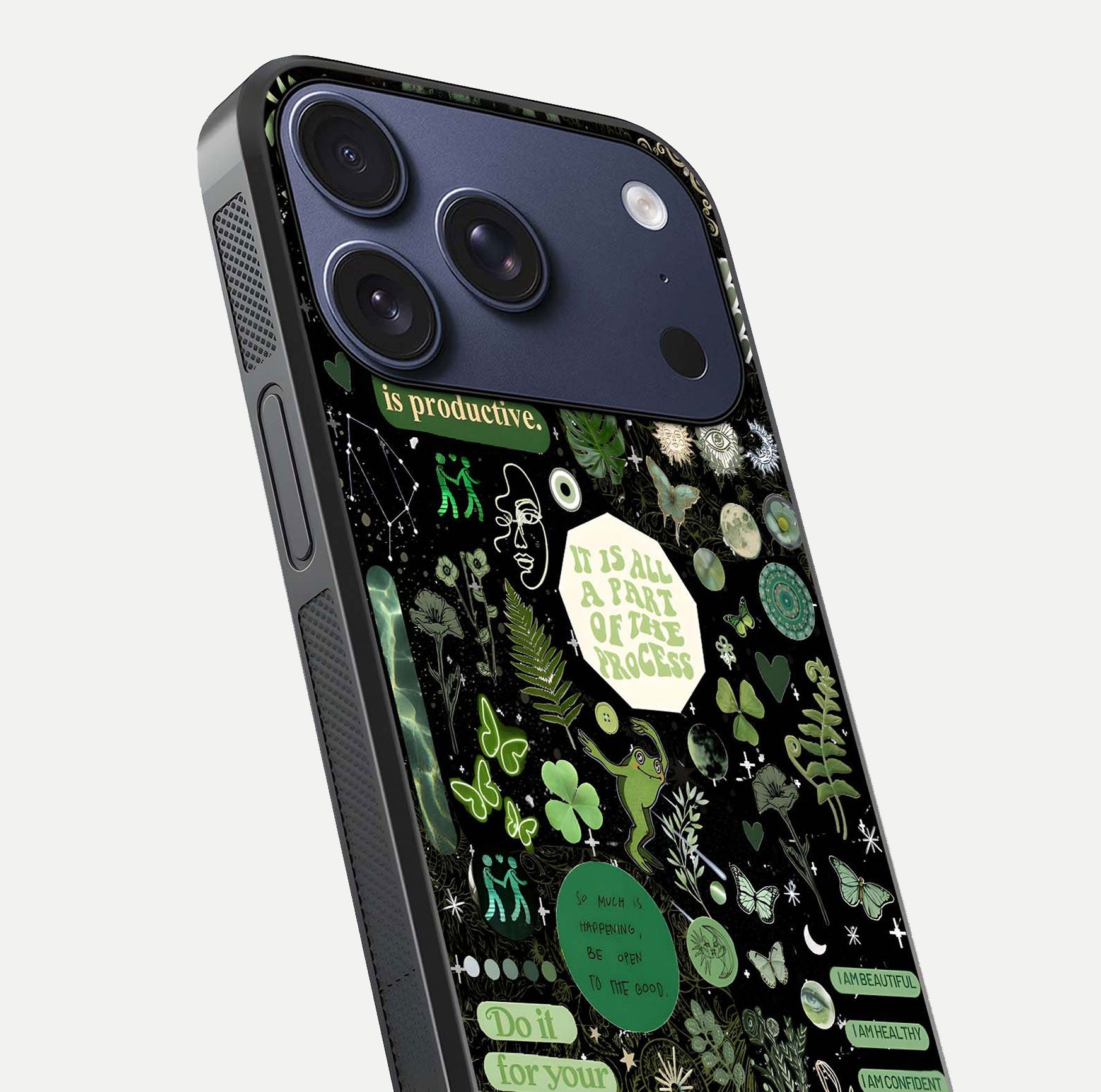 Green Moon Energy Glass Case for iPhone 17 Pro close-up angled shot showing glowing lunar detail and reflection shine