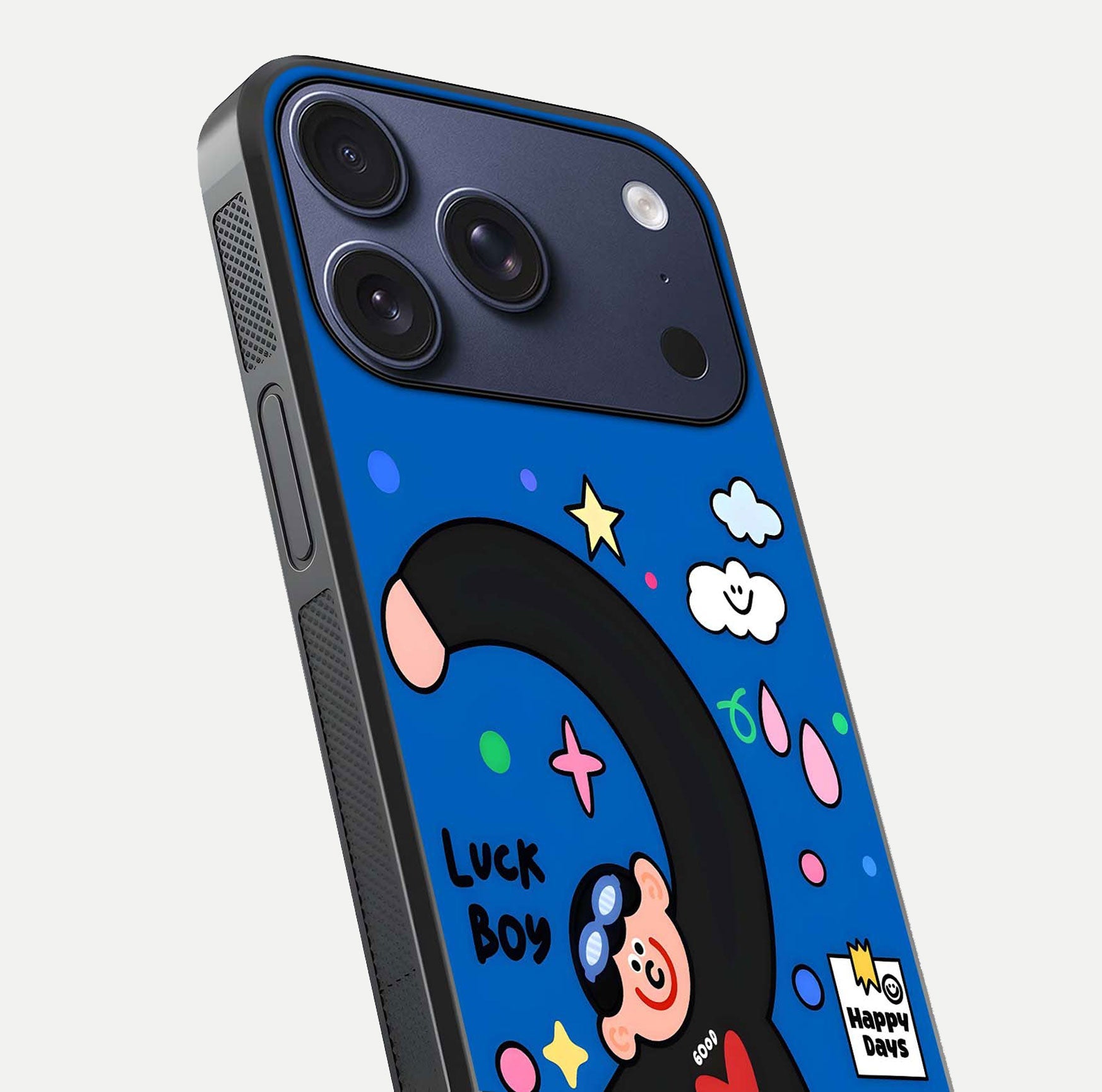Happy Luck Vibe Glass Case for iPhone 17 Pro close-up angled shot showing color details and reflection shine
