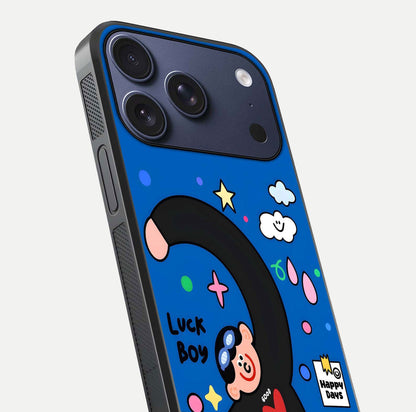Happy Luck Vibe Glass Case for iPhone 17 Pro close-up angled shot showing color details and reflection shine
