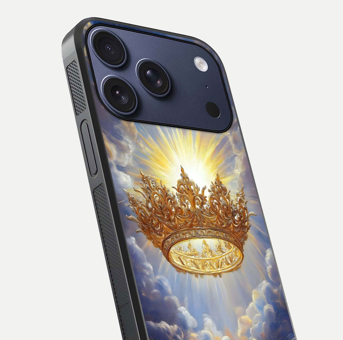Heavenly Crown Light Glass Case for iPhone 17 Pro close-up angled shot showing glowing halo details and smooth reflection