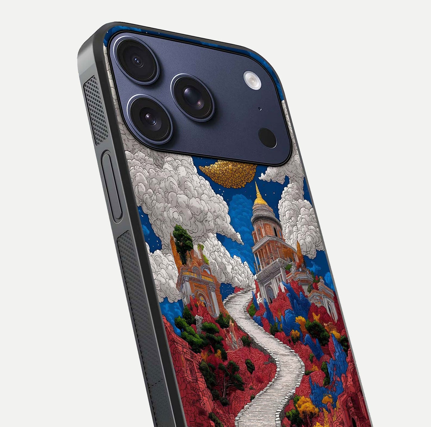 Heavenly Moon Path Glass Case for iPhone 17 Pro close-up angled shot showing moon reflection and shimmer texture