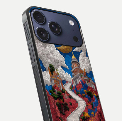 Heavenly Moon Path Glass Case for iPhone 17 Pro close-up angled shot showing moon reflection and shimmer texture