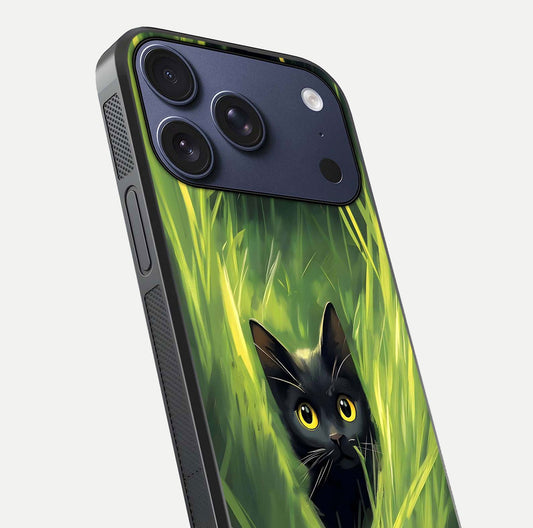 Hidden Cat Whisper Glass Case for iPhone 17 Pro close-up angled shot showing feline details and reflection polish