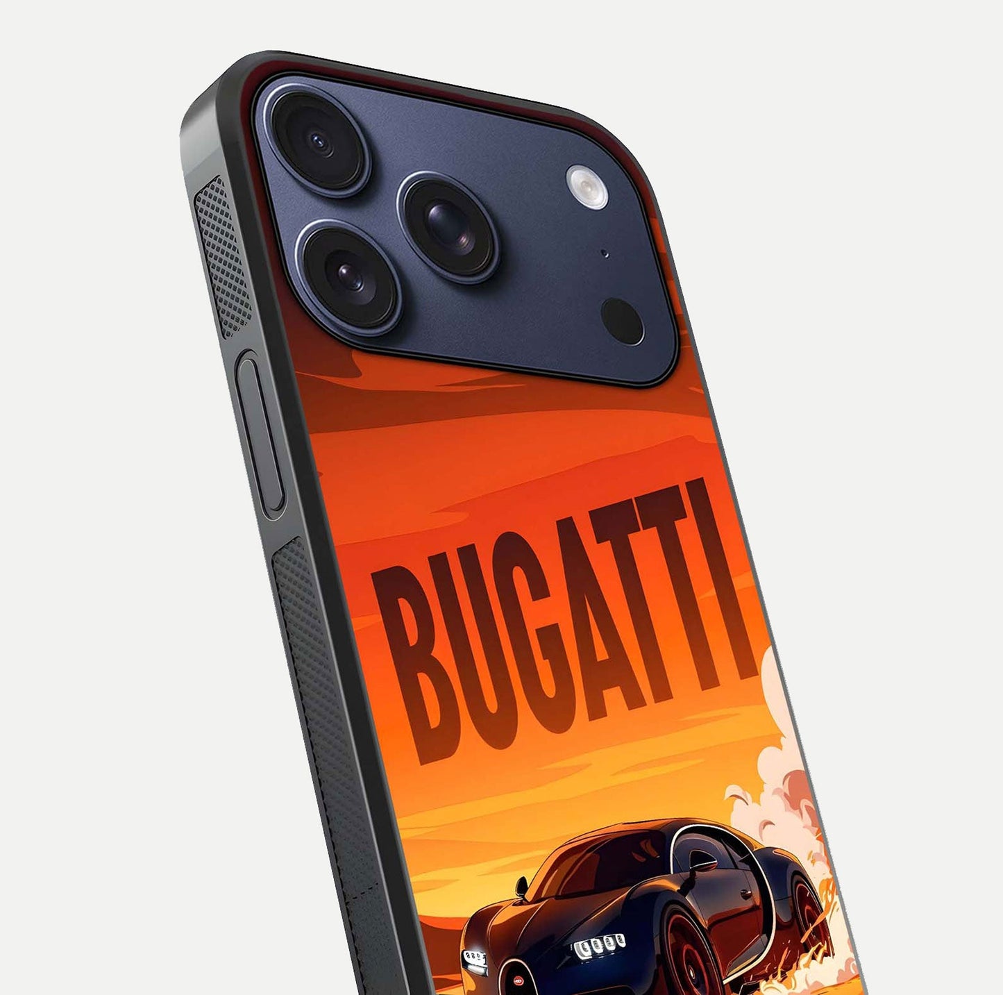 Inferno Bugatti Storm Glass Case for iPhone 17 Pro close-up angled shot showing flame details and reflection shine