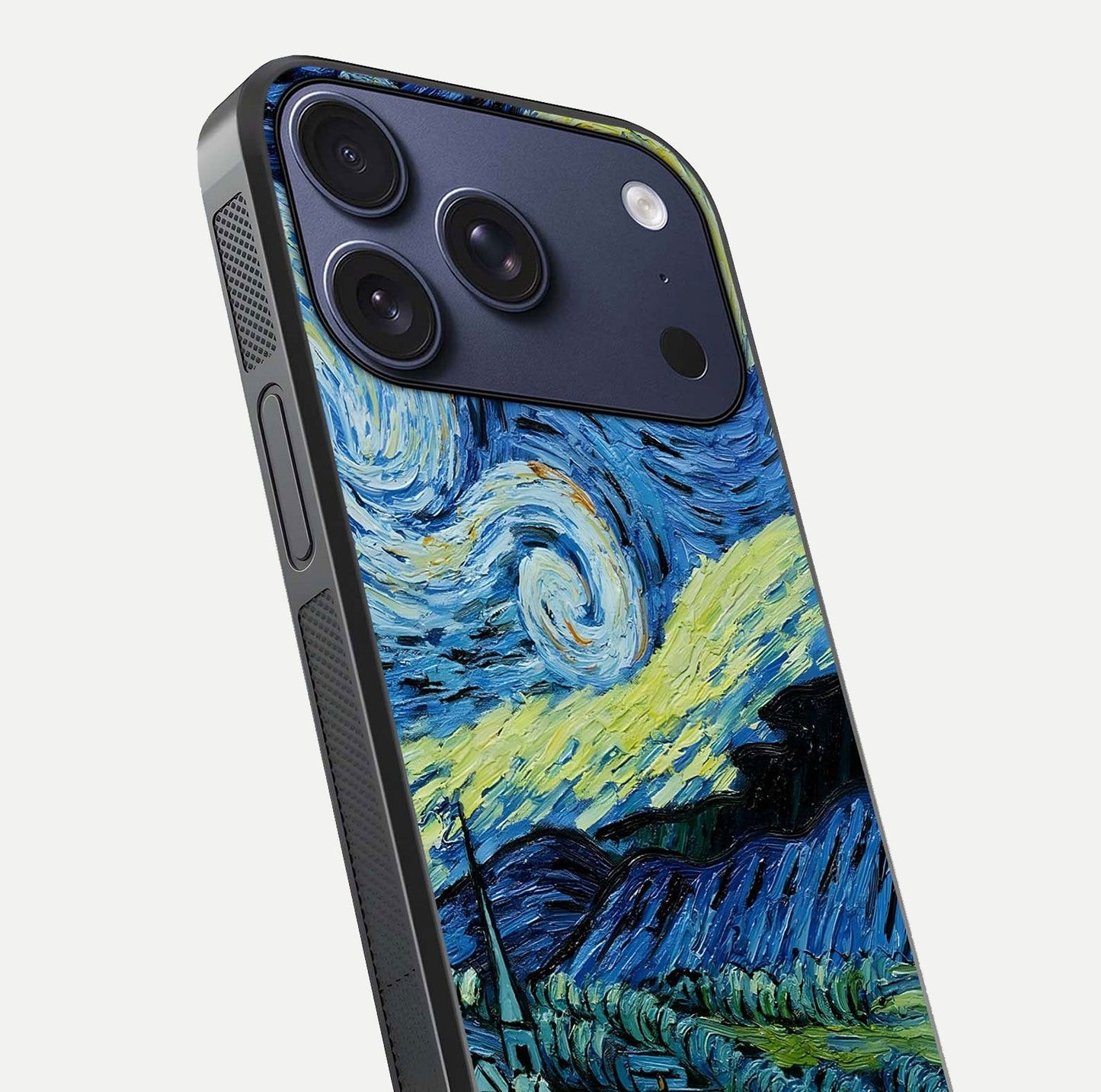 Inspired Van Gogh Art Glass Case for iPhone 17 Pro close-up angled shot showing brushstroke texture and shine detail