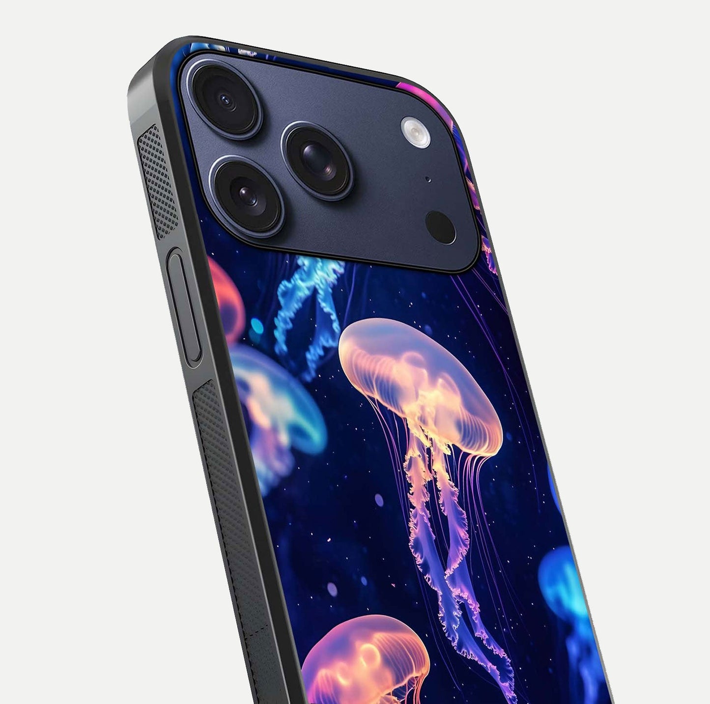 Jellyfish Pattern Glass Case for iPhone 17 Pro close-up angled shot showing translucent tentacles and light reflection