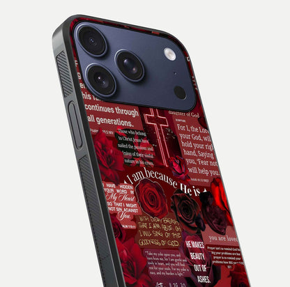 Jesus Love Heals Glass Case for iPhone 17 Pro close-up angled shot showing healing text, cross detailing, and reflection