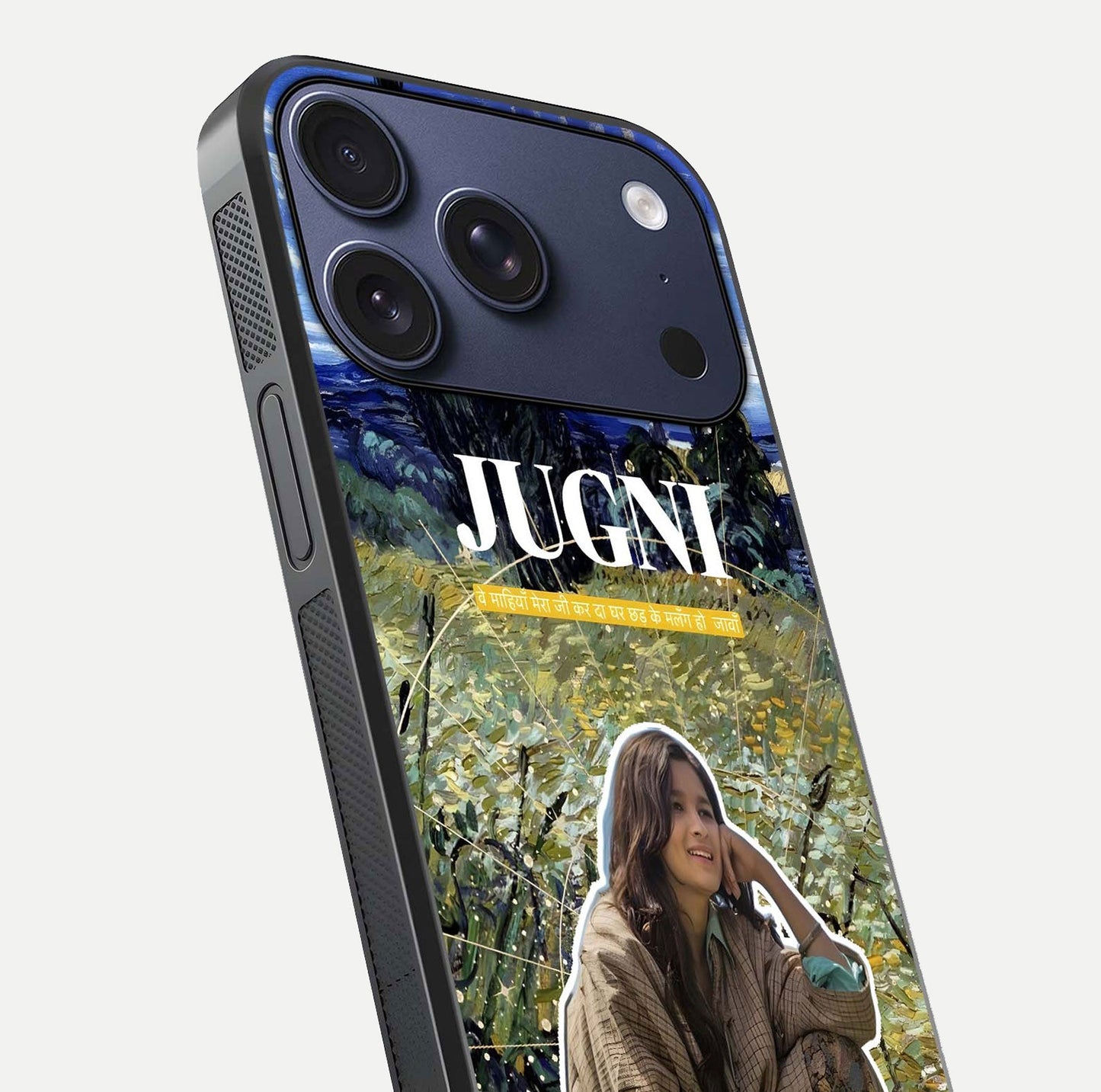 Jugni Soul Vibes Glass Case for iPhone 17 Pro close-up angled shot showing typography detail and vibrant gloss reflection