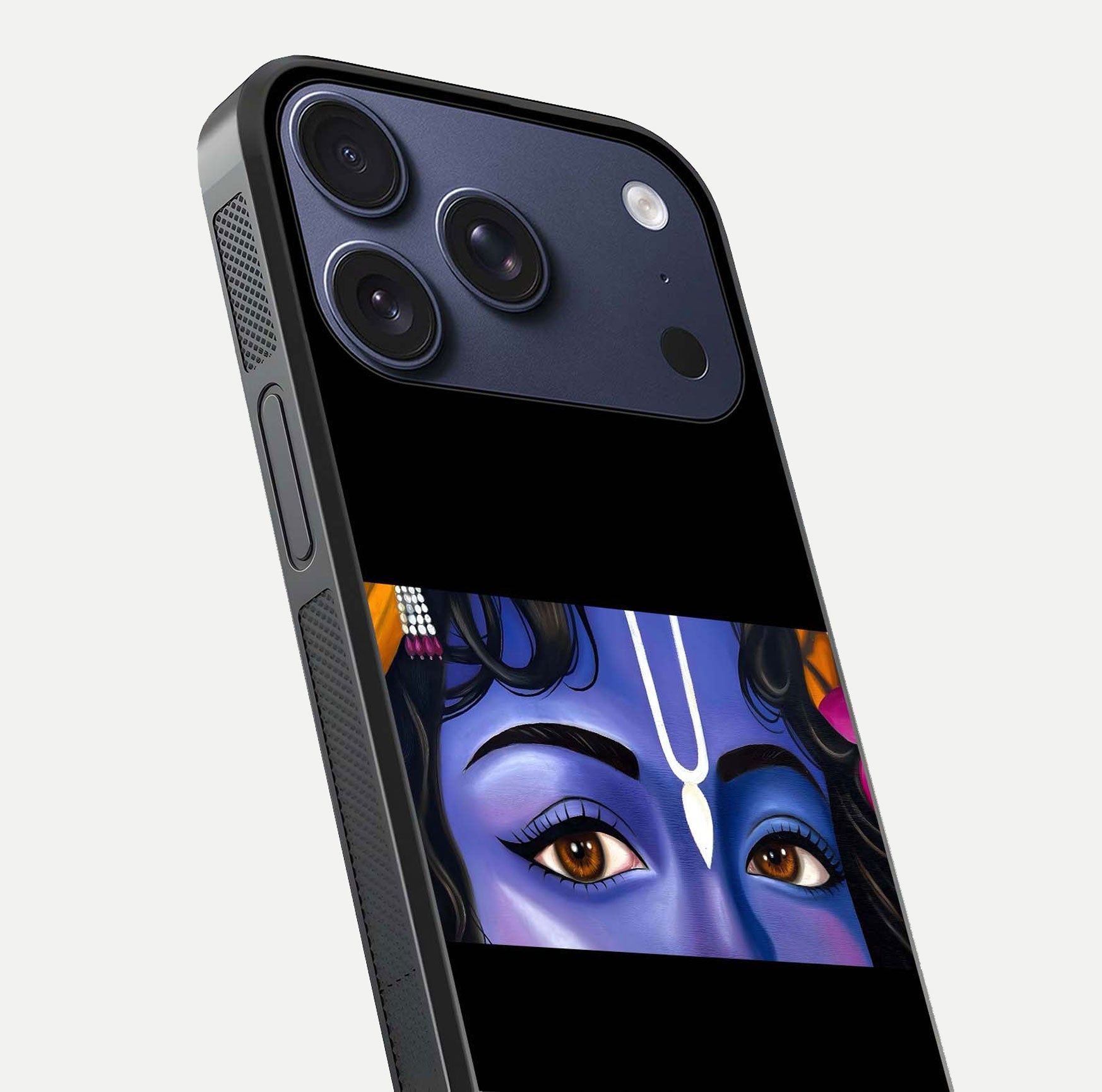 Krishna Eye Glass Case for iPhone 17 Pro close-up angled shot showing intricate artwork and reflection shine