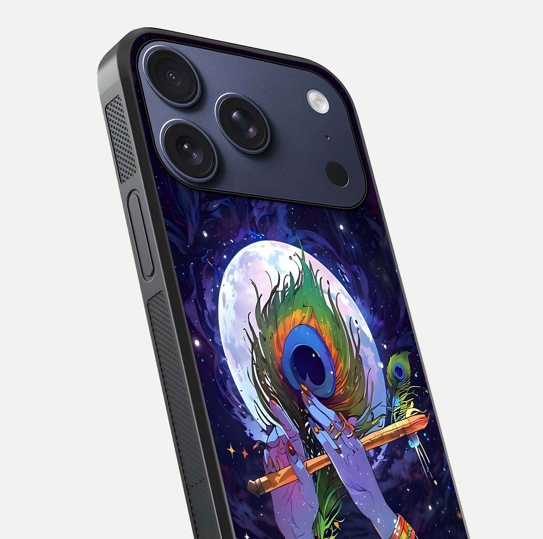 Krishna Hands Art Glass Case for iPhone 17 Pro close-up angled shot showing detailed hand design and shine