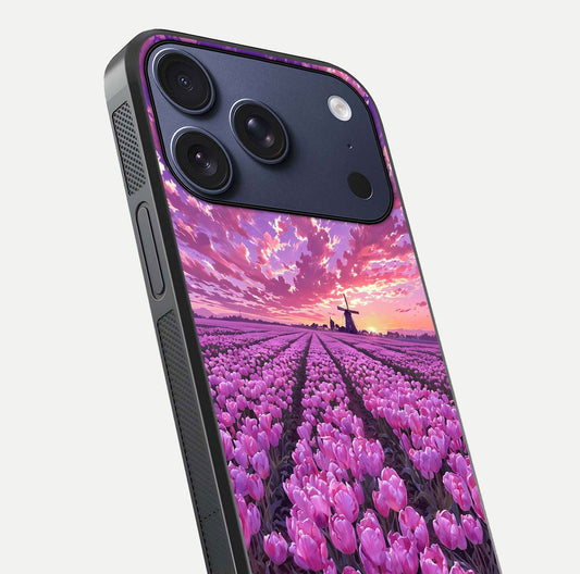 Lavender Dream Skies Glass Case for iPhone 17 Pro close-up angled shot showing purple hues and soft reflection
