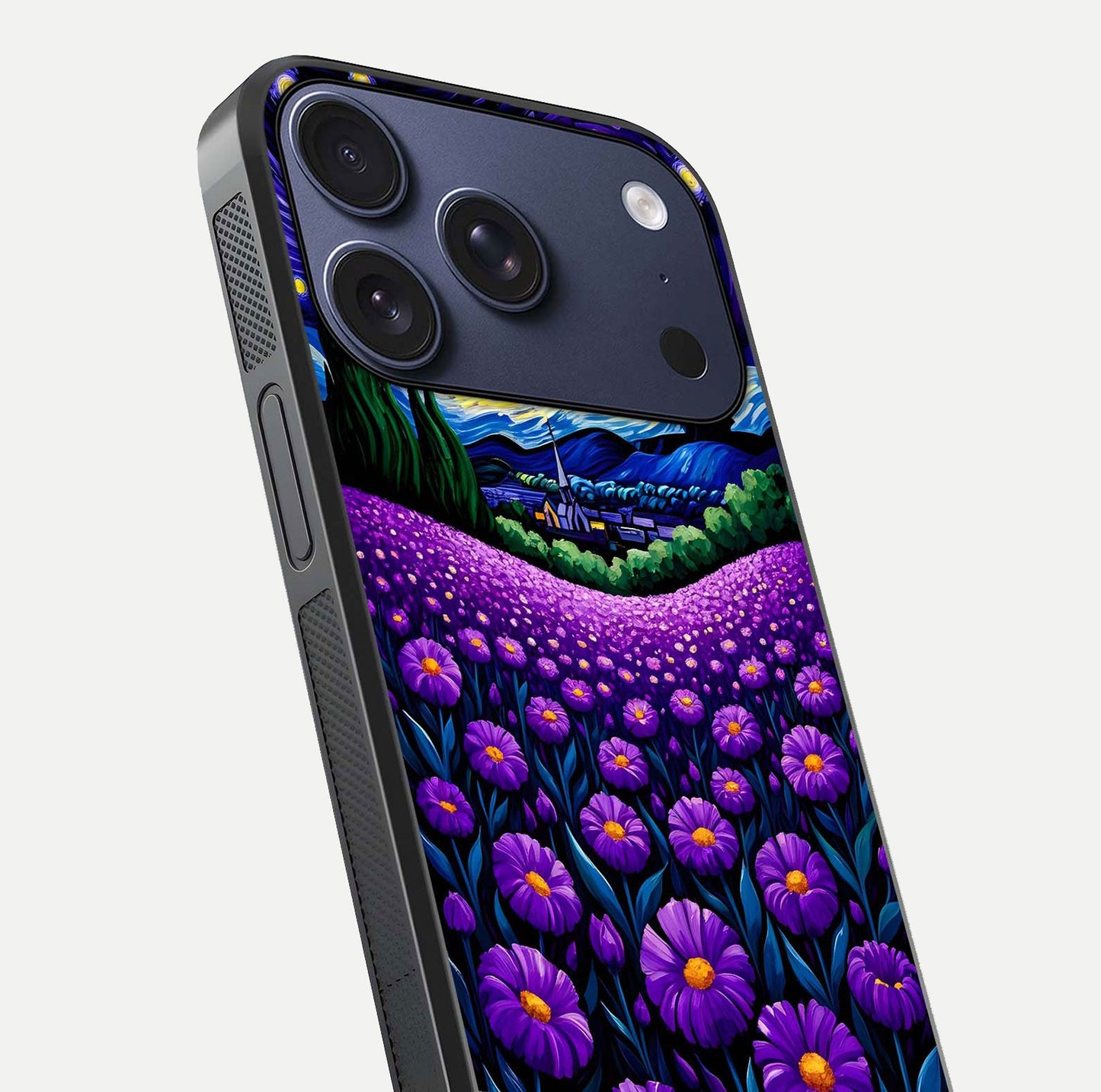 Lavender Moon Field Glass Case for iPhone 17 Pro close-up angled shot showing moon glow and purple detailing