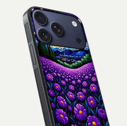 Lavender Moon Field Glass Case for iPhone 17 Pro close-up angled shot showing moon glow and purple detailing