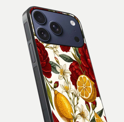 Lemon Rose Charm Glass Case for iPhone 17 Pro angled close-up showing vivid rose details and HD glass reflection
