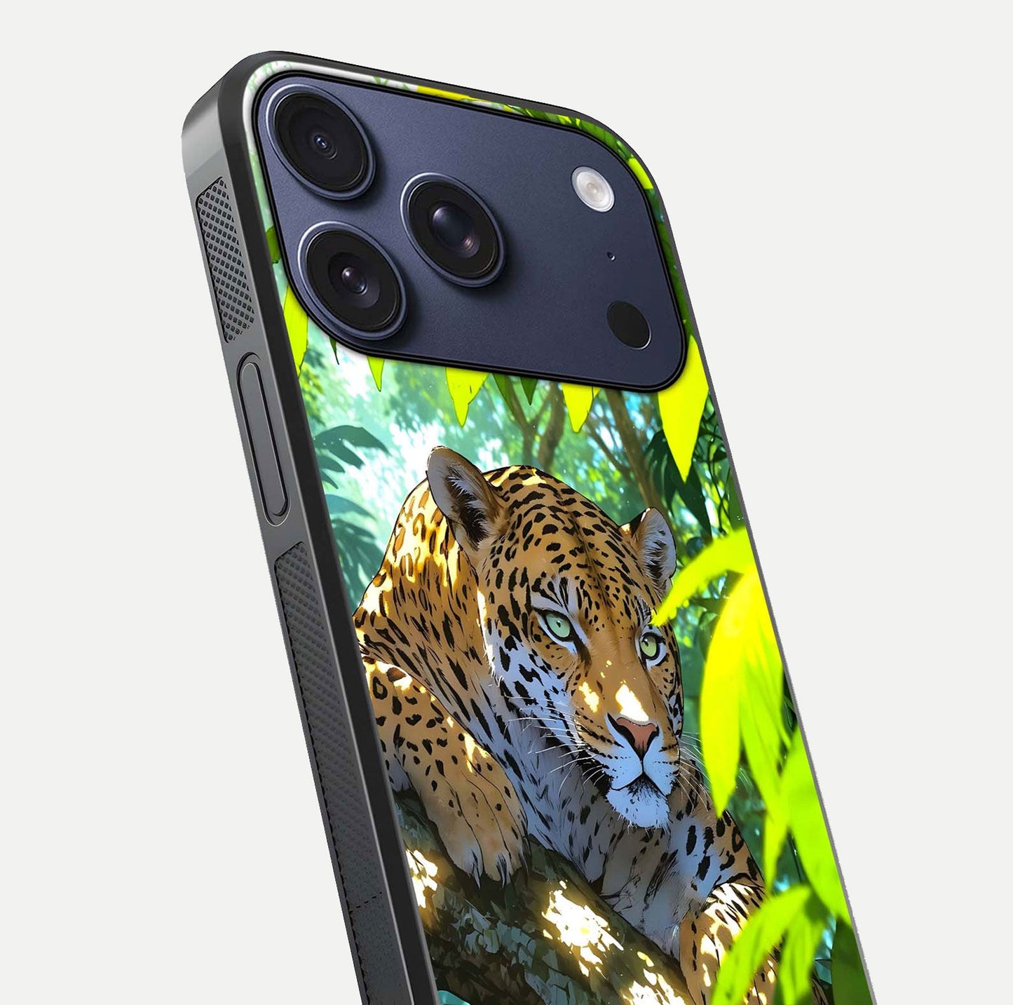 Leopard in Jungle Glass Case for iPhone 17 Pro angled close-up showing fur texture and glossy shine reflection