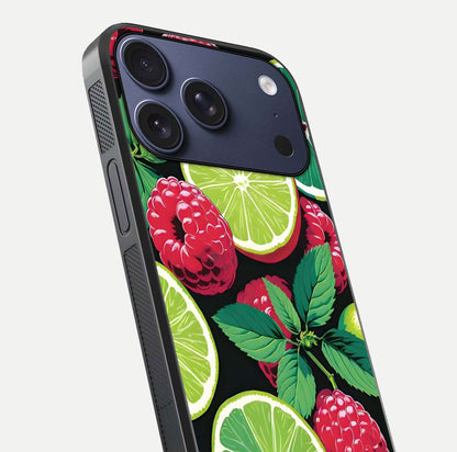 Lime and Raspberry Pattern Glass Case for iPhone 17 Pro angled close-up showing fruit texture and reflection glow