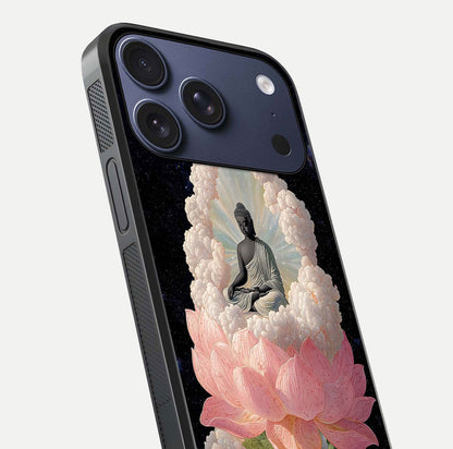 Lotus Divine Peace Glass Case for iPhone 17 Pro angled close-up showing delicate petals and gloss reflection