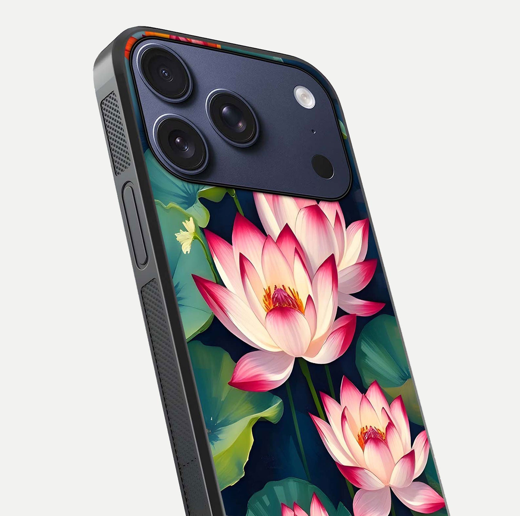 Lotus Dream Serenity Glass Case for iPhone 17 Pro close-up angled shot showing floral details and soft shine