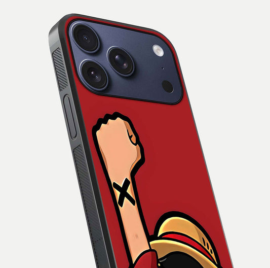 Luffy X Spirit Glass Case for iPhone 17 Pro close-up angled shot showing character detailing and gloss texture