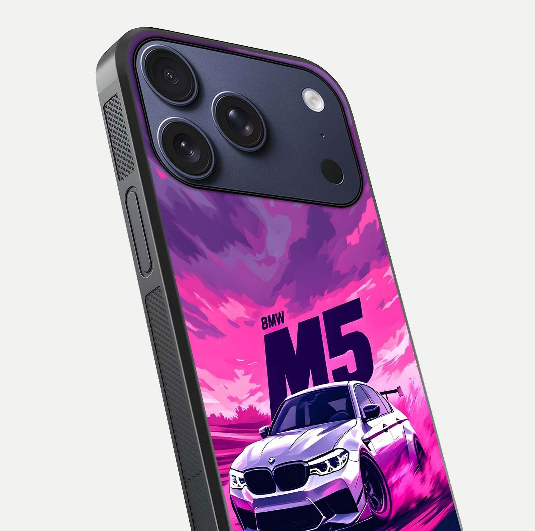 MS Neon Car Glass Case for iPhone 17 Pro close-up angled shot showing vivid neon reflections and shine