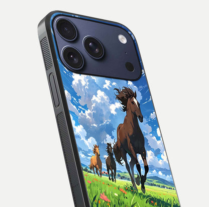 Majestic Horses Galloping Glass Case for iPhone 17 Pro close-up angled shot showing horse motion and reflection