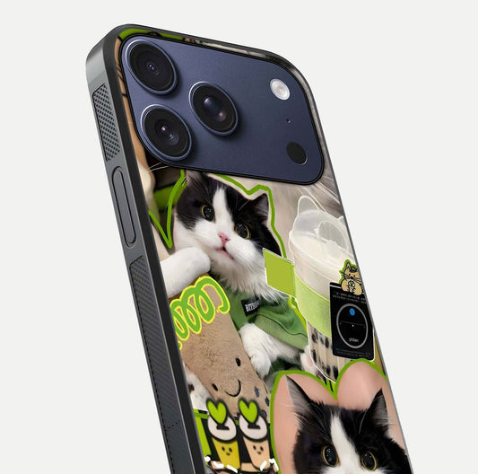 Matcha Cats Mood Glass Case for iPhone 17 Pro close-up angled shot showing adorable cat art and reflection detail