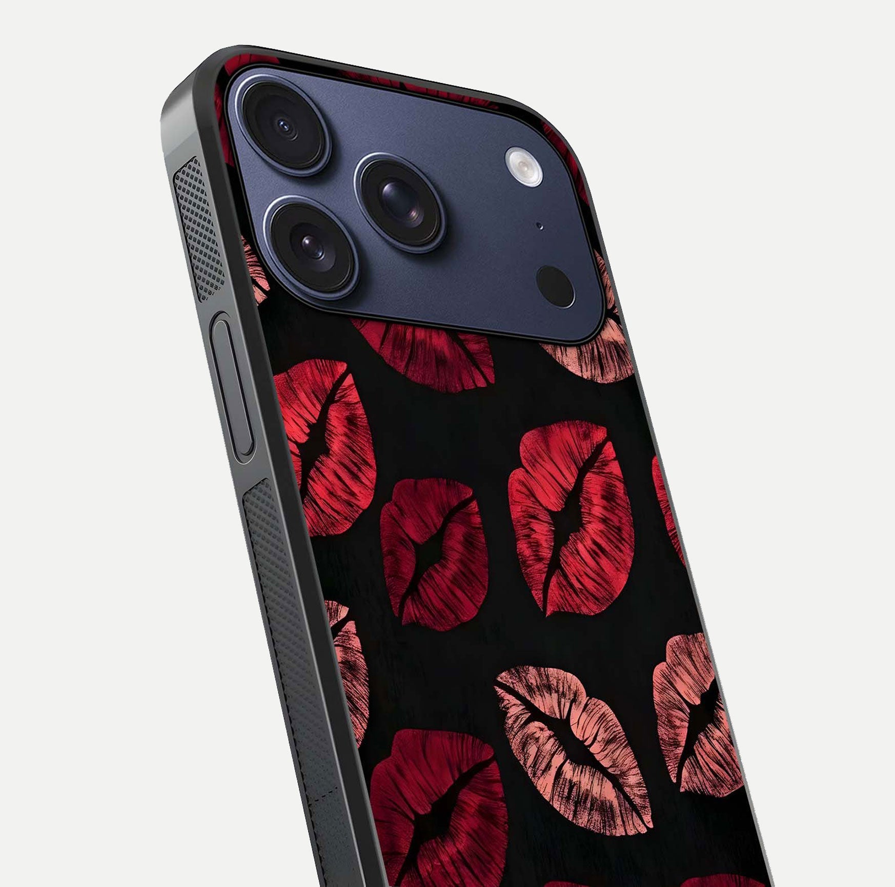 Midnight Kiss Love Glass Case for iPhone 17 Pro close-up angle highlighting red accents and reflection shine