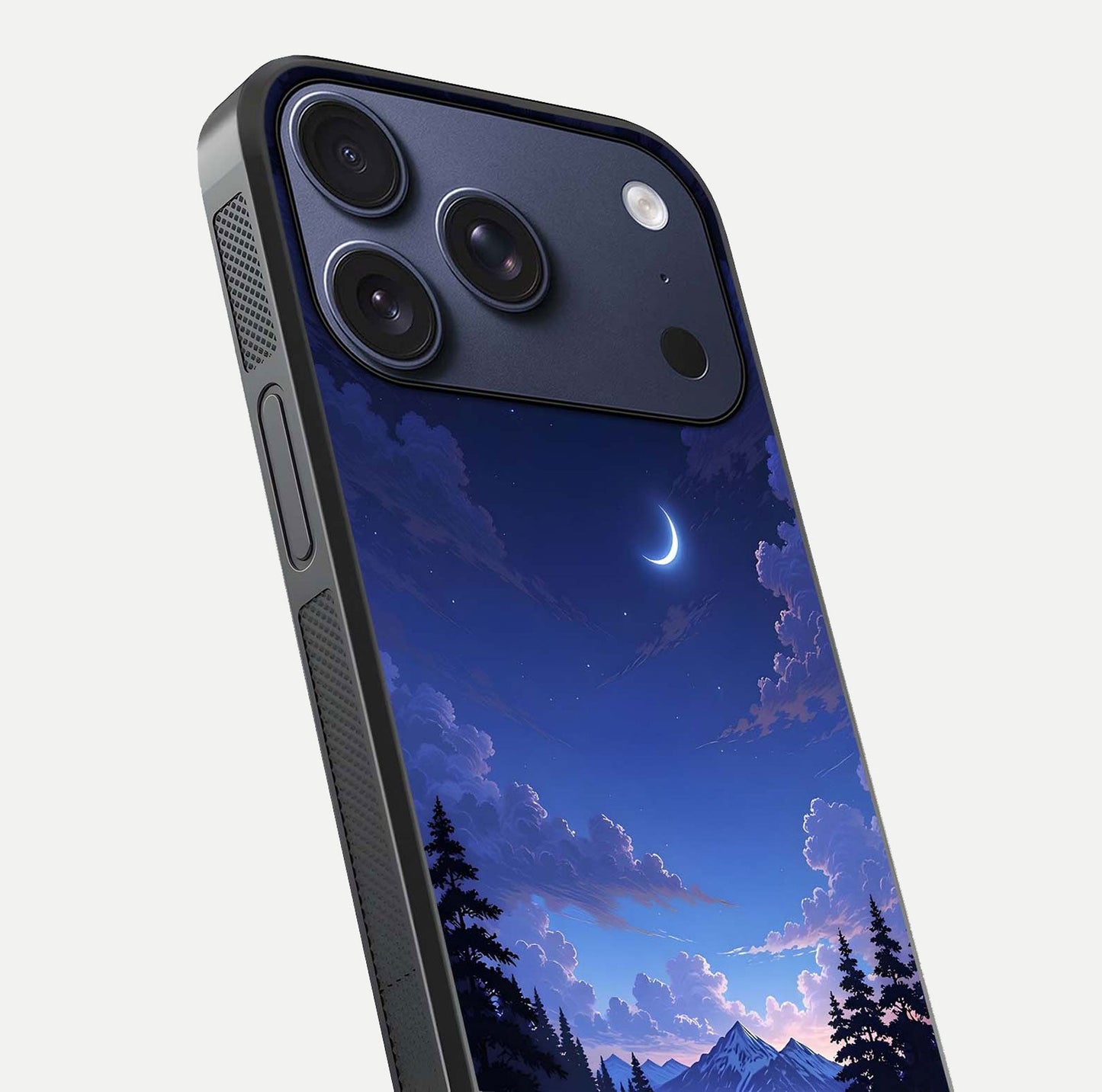 Midnight Lake Peace Glass Case for iPhone 17 Pro close-up angled shot showing blue night tones and reflection