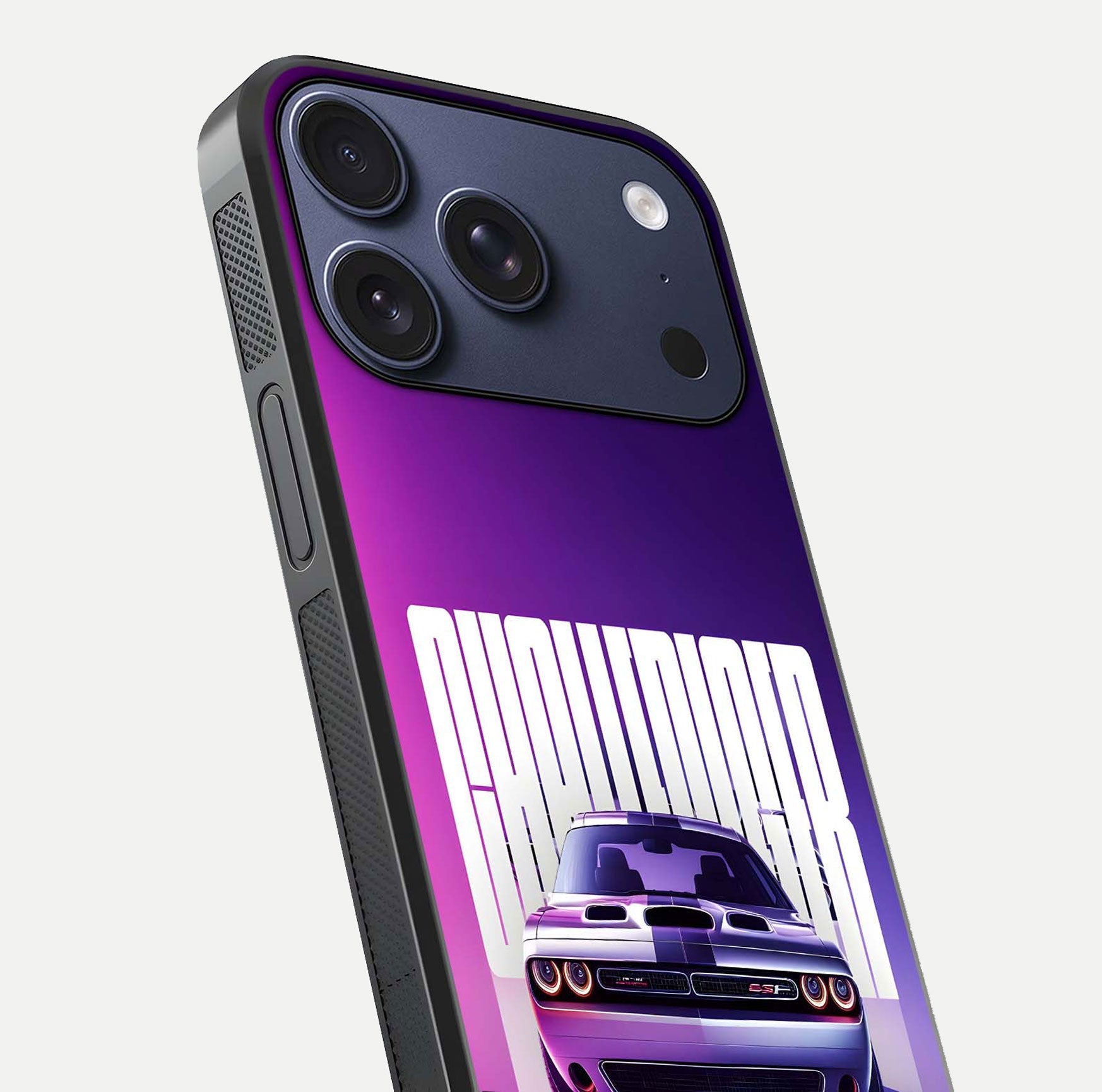 Midnight Muscle Ride Glass Case for iPhone 17 Pro close-up angled shot showing HD reflections and car details