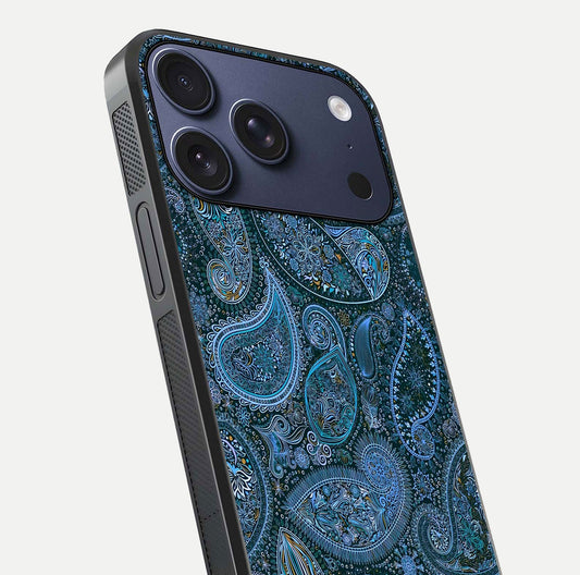Midnight Paisley Glow Glass Case for iPhone 17 Pro close-up angled shot showing floral details and gloss texture