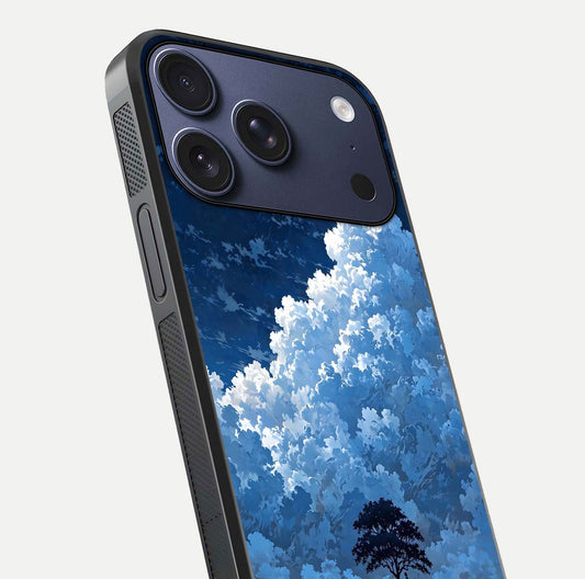 Midnight Sky Serenity Glass Case for iPhone 17 Pro close-up angled shot showing starlit tones and reflection