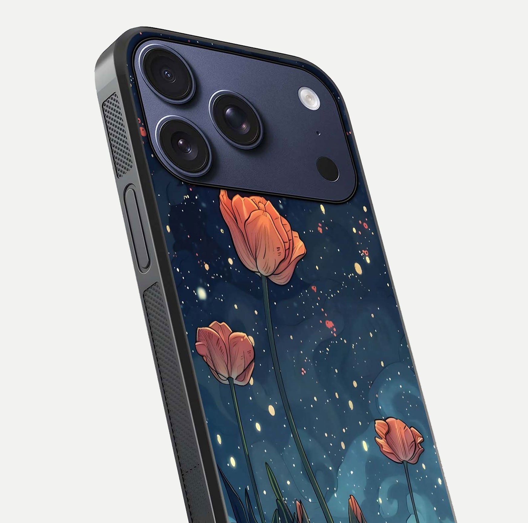 Midnight Tulip Glow Glass Case for iPhone 17 Pro close-up angled shot showing petal details and reflection glow